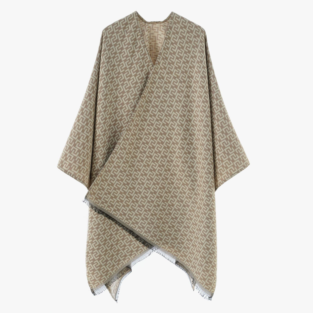 Damen Gewebter Jacquard‑Wickelponcho mit geometrischem Allovermuster und feinem Fransensaum Drune