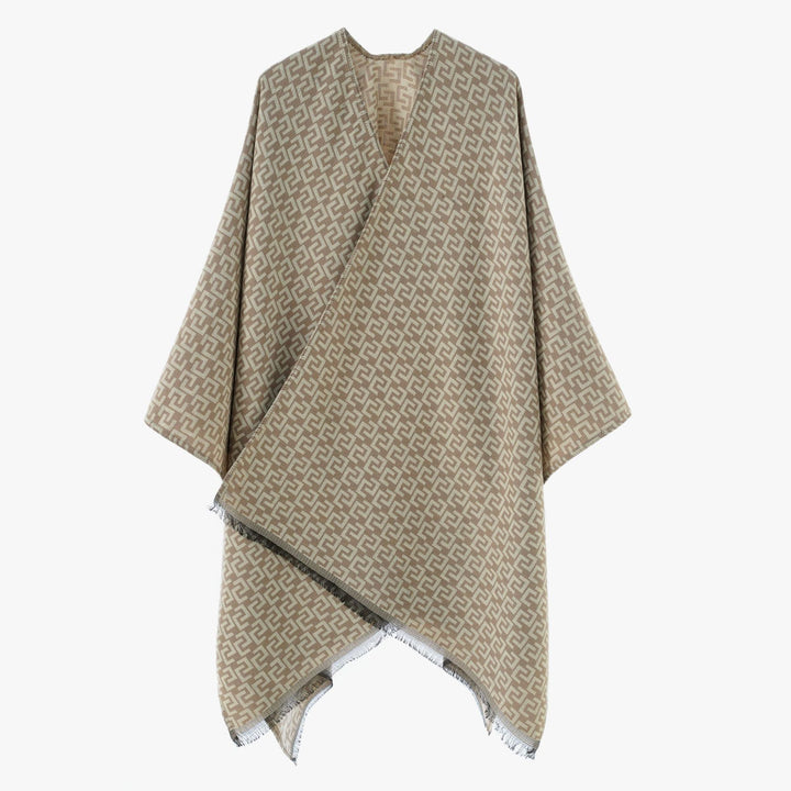 Damen Gewebter Jacquard‑Wickelponcho mit geometrischem Allovermuster und feinem Fransensaum Drune