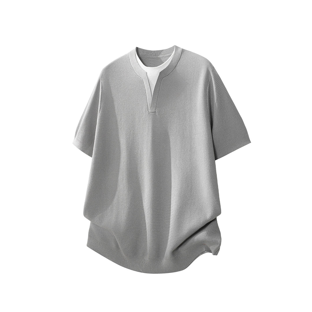 Herren Kurzarm-Strickshirt mit strukturierter Waffeloptik und V-Notch-Kragen Drune