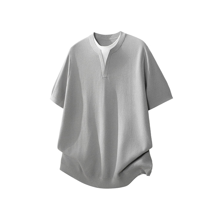 Herren Kurzarm-Strickshirt mit strukturierter Waffeloptik und V-Notch-Kragen Drune