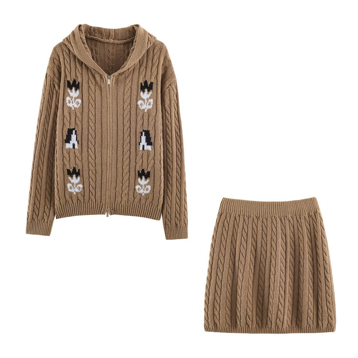 Damen Zweiteiliges Strick-Set mit Zipper-Kapuzenjacke und kurzem Zopfmuster-Rock Drune