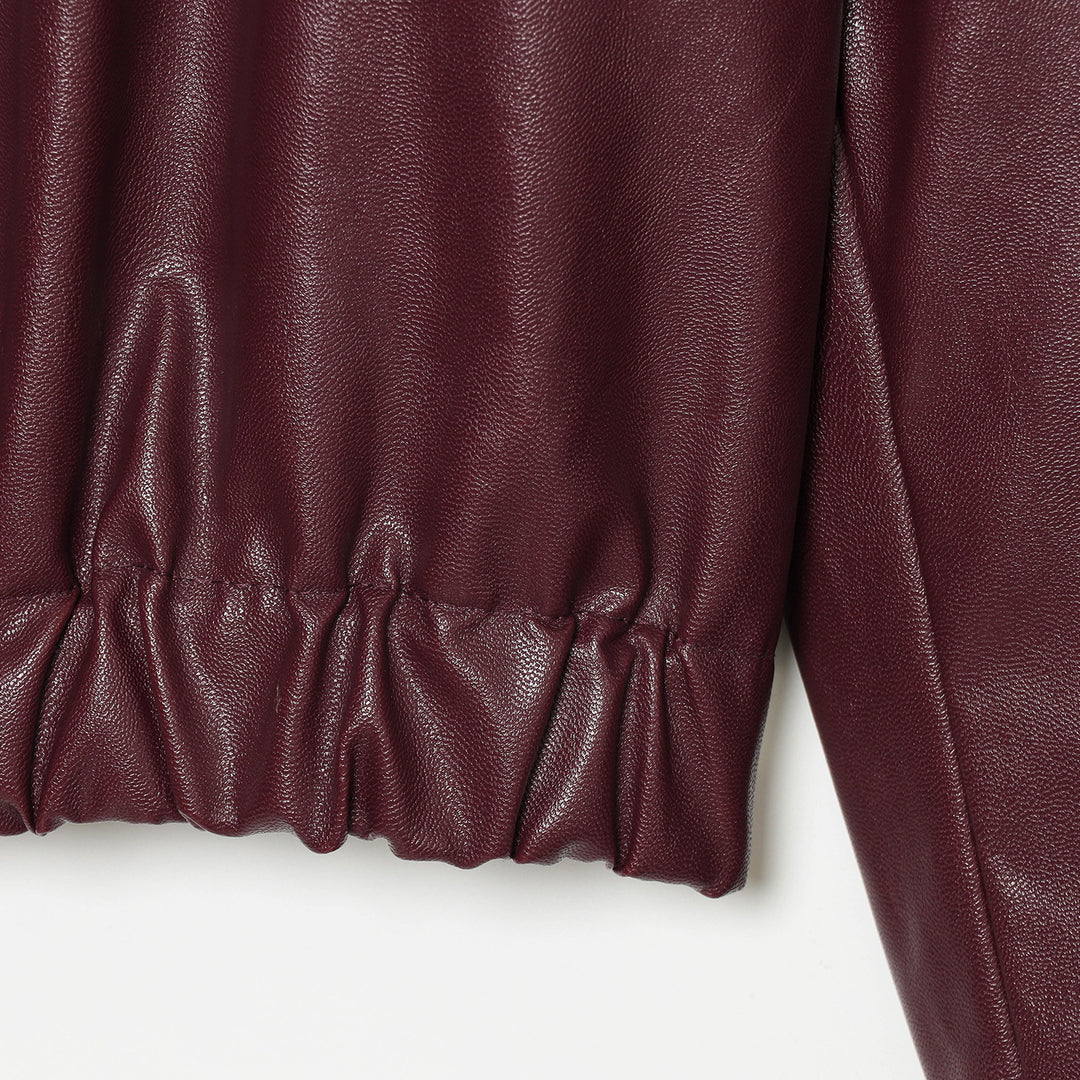 Damen Cropped Kunstleder-Bomberjacke mit Hemdkragen und elastischem Saum Drune