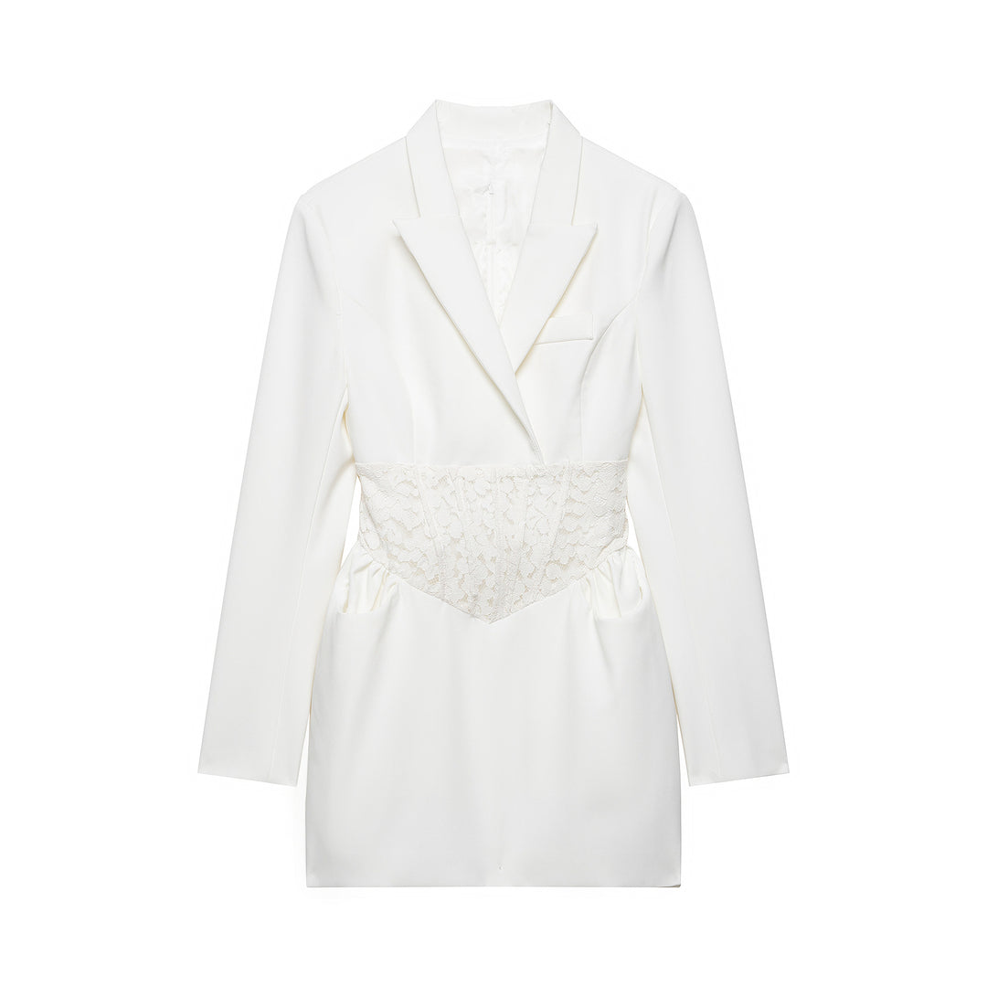 Damen 20+ tailliertes Blazerkleid mit Spitzen‑Corsage und Pattentaschen Drune