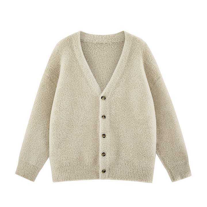Damen Oversize Teddy-Strickcardigan mit V‑Ausschnitt und Holzknöpfen Drune