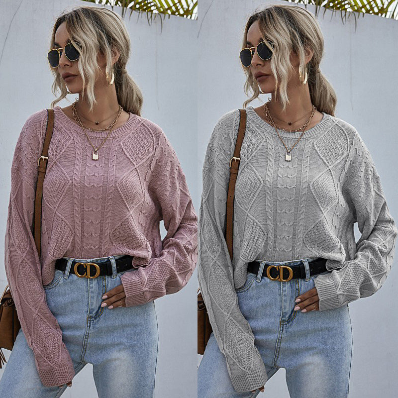 Damen Lässiger Oversize-Strickpullover mit geometrischem Zopfmuster und tiefen Ärmelabschlüssen Drune
