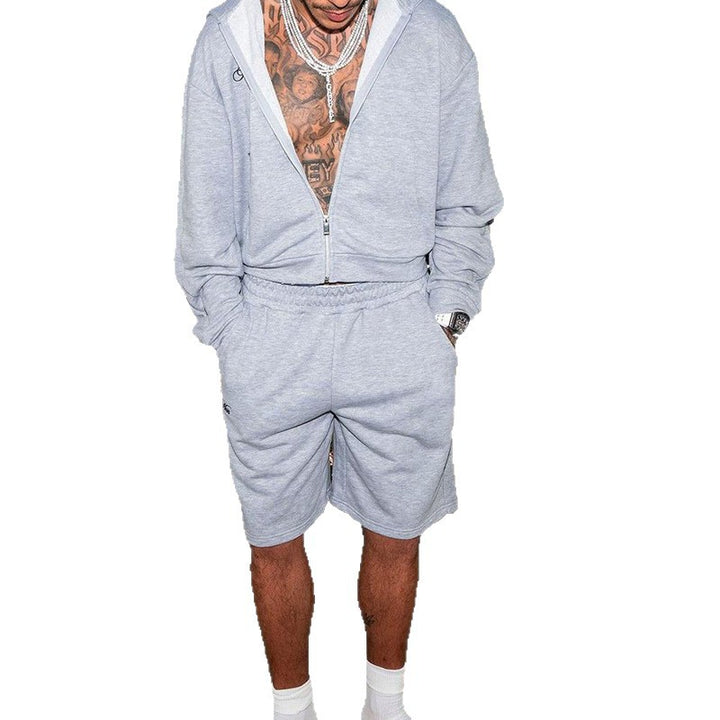 Herren Sweatshorts-Set mit Reißverschluss-Kapuzenjacke und elastischem Kordelbund Drune