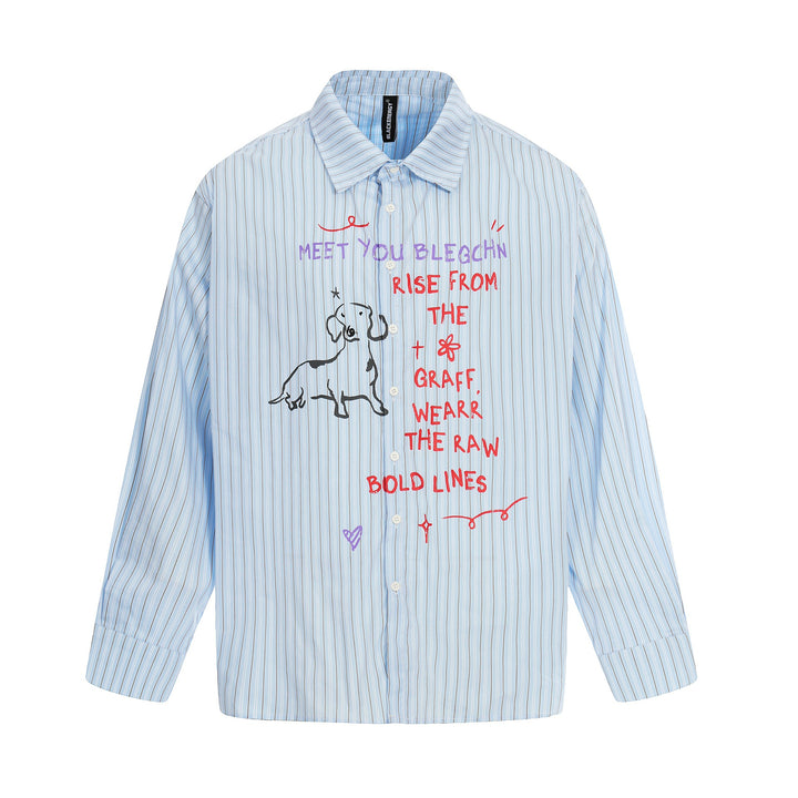 Damen Oversize-Hemdbluse mit Streifenstruktur und handgezeichnetem Grafikprint Drune