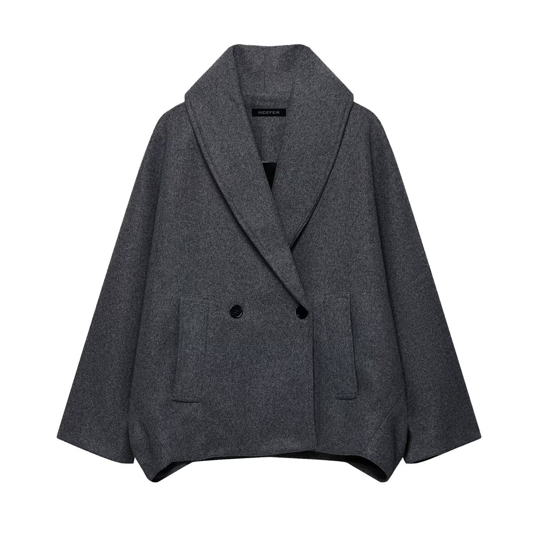 Damen Boxy-Wollmix-Cape-Mantel mit weitem Schalkragen und doppelter Knopfleiste Drune