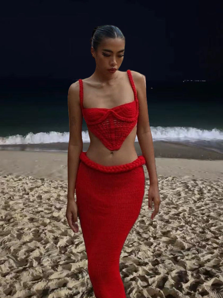 Damen Set aus gehäkeltem Crop-Top und Bleistiftrock Drune