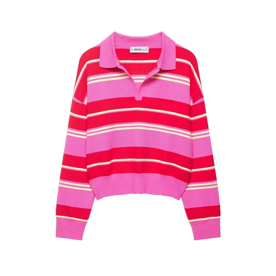 Damen nan gestreifter Rugby-Strickpullover mit Polokragen und weiter Oversize-Passform Drune