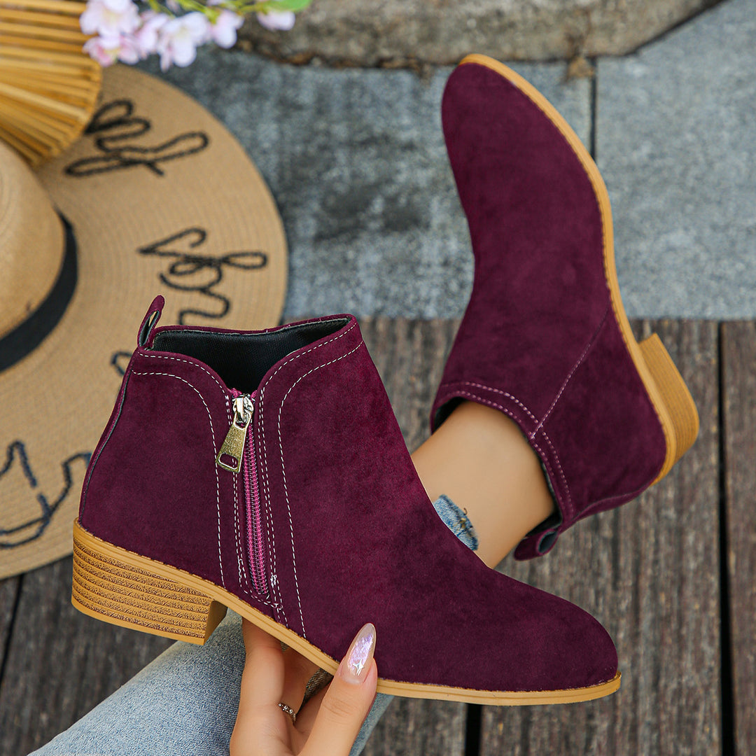 Damen elegante Ankle-Boots aus Velourslederimitat mit seitlichem Reißverschluss und niedrigem Blockabsatz Drune