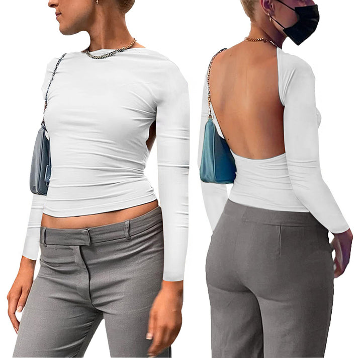 Damen figurbetontes Longsleeve-Oberteil mit offenem Rücken und elegantem Design Drune