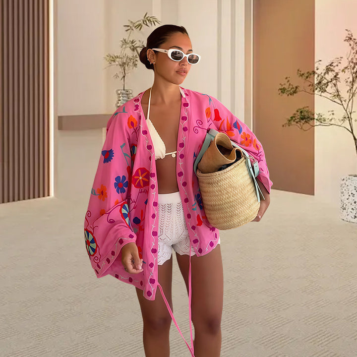 Damen Strandkimono mit buntem Blumenmuster und lässigem Schnitt Drune