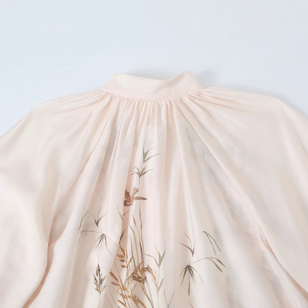 Damen Bluse mit Stehkragen, durchgehender Knopfleiste und weiten Ballonärmeln Drune