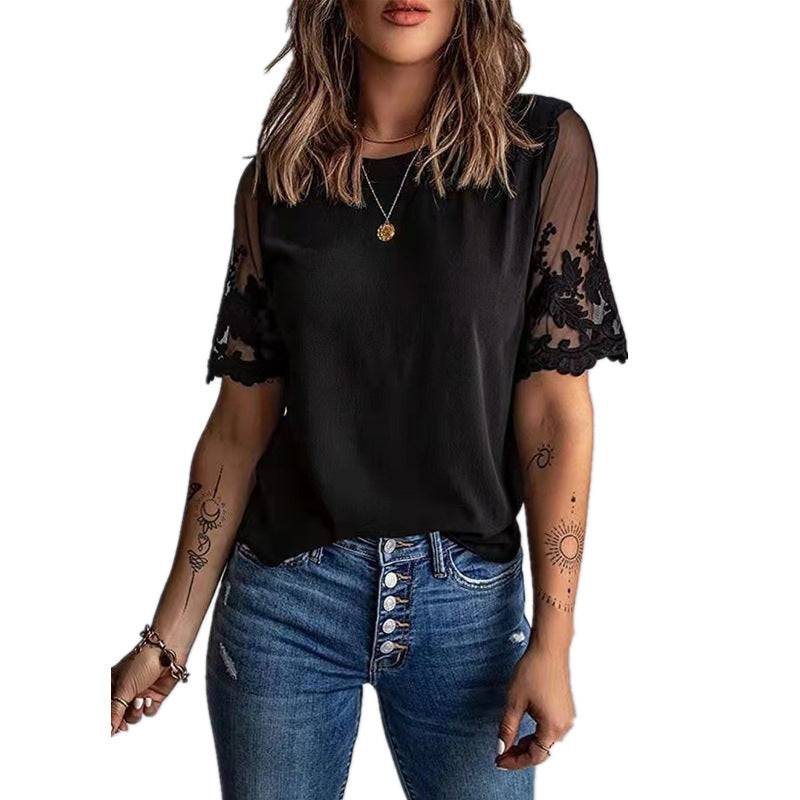 Damen Elegantes T-Shirt mit modischen Spitzenärmeln Drune
