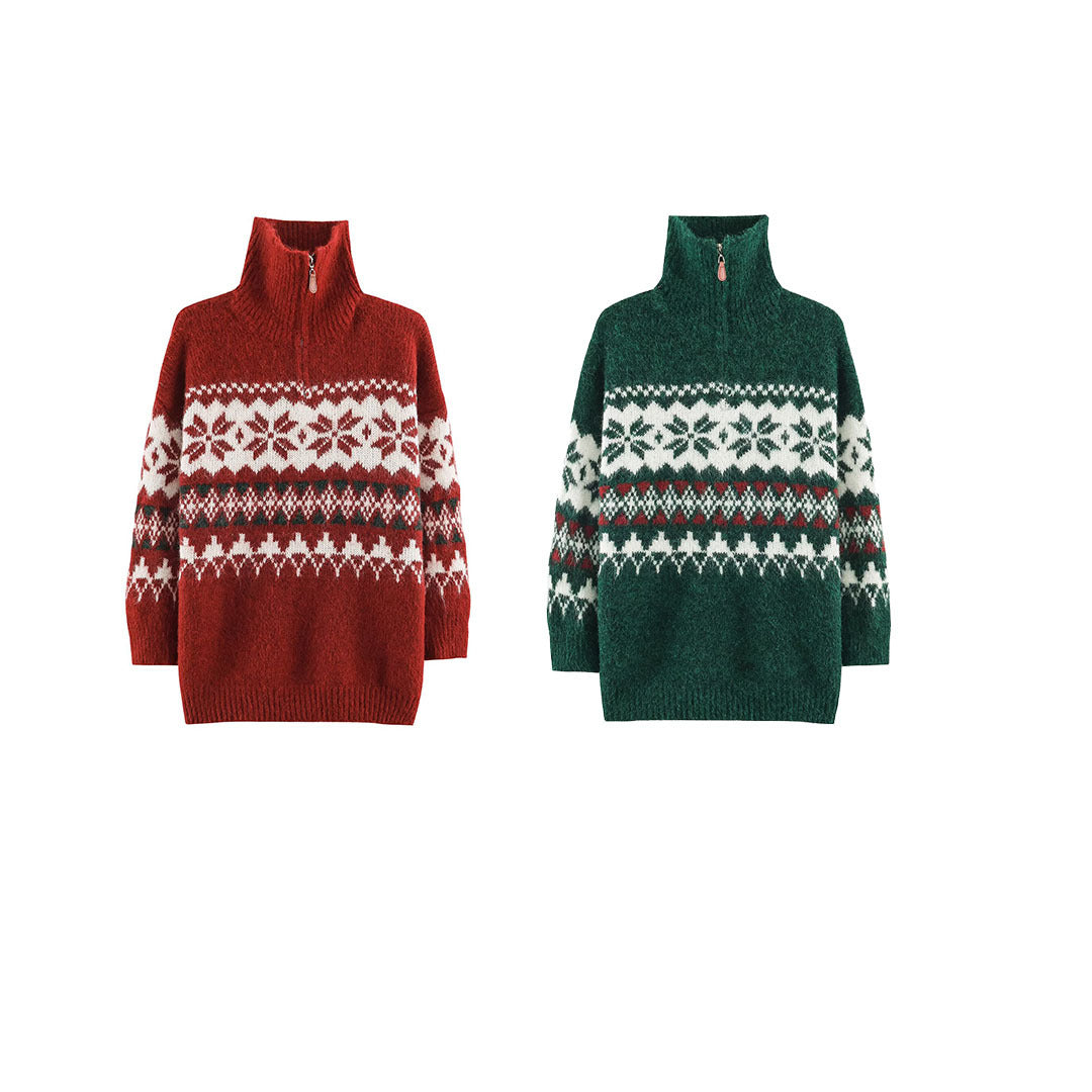 Damen Norwegermuster Strickpullover mit halbem Reißverschluss und Stehkragen Drune