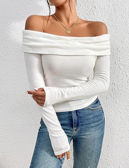 Damen Figurbetontes Schulterfreies Langarm Feinstrickshirt mit Carmenausschnitt Drune