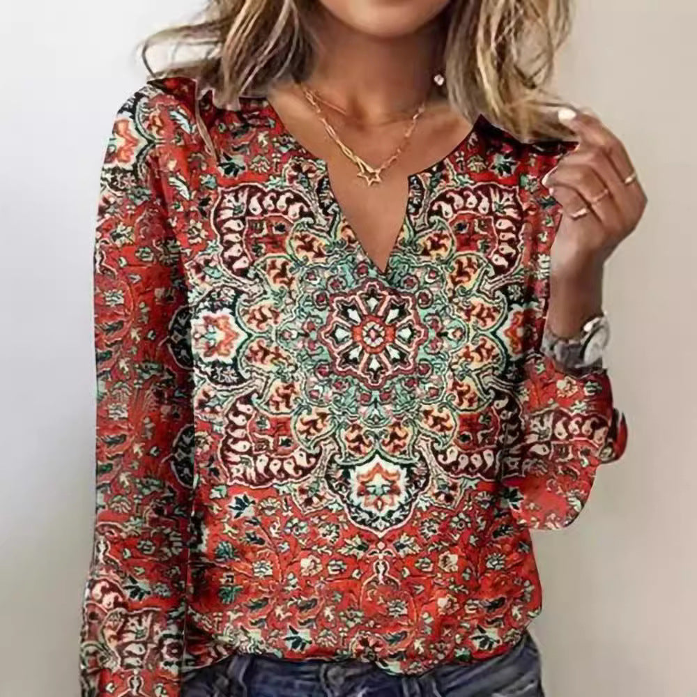 Damen Langarm-Bluse mit ornamentalem Mandala-Print und V-Ausschnitt Drune
