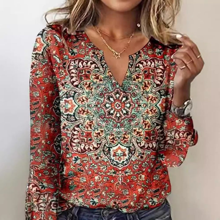 Damen Langarm-Bluse mit ornamentalem Mandala-Print und V-Ausschnitt Drune