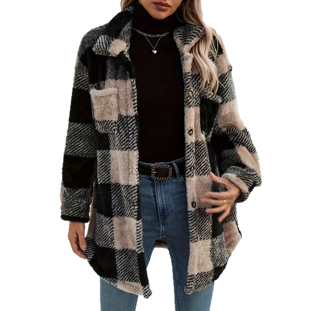 Damen kuschelige Overshirtjacke mit Karomuster und weichem Polyesterfell Drune