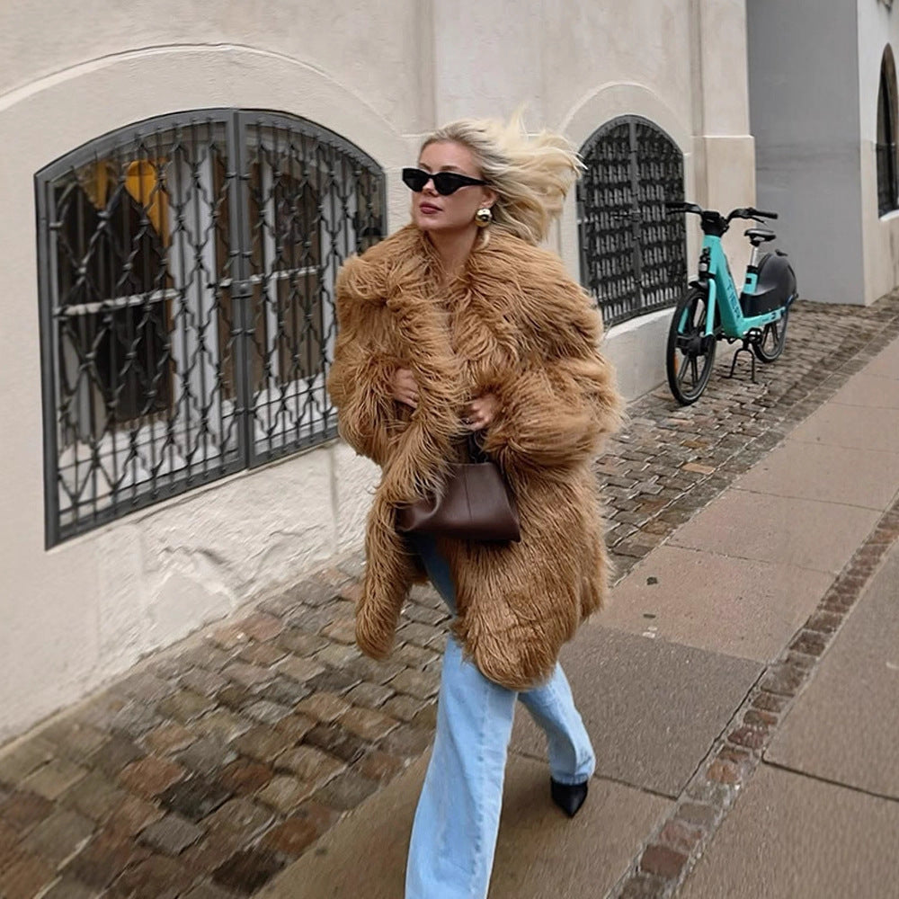 Damen Oversize Shaggy‑Kunstpelz‑Mantel mit langer Florstruktur und verdeckter Knopfleiste Drune