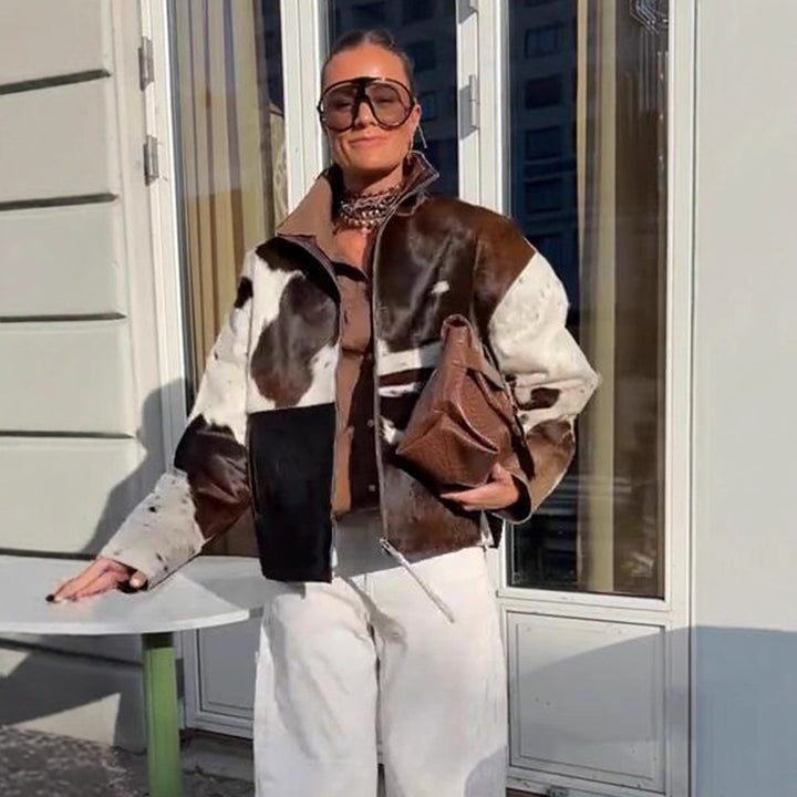 Damen Kurzjacke aus Haarigem Kunstfell mit Patchwork‑Optik und hohem Stehkragen Drune
