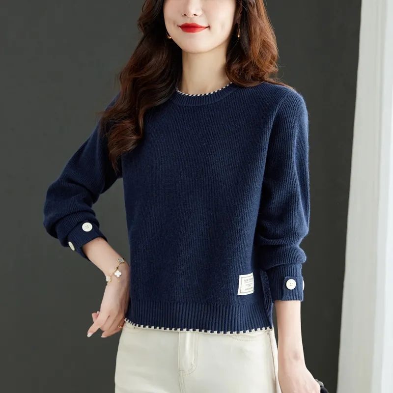 Damen eleganter Strickpullover mit feiner Ribstruktur und modischen Knöpfen Drune