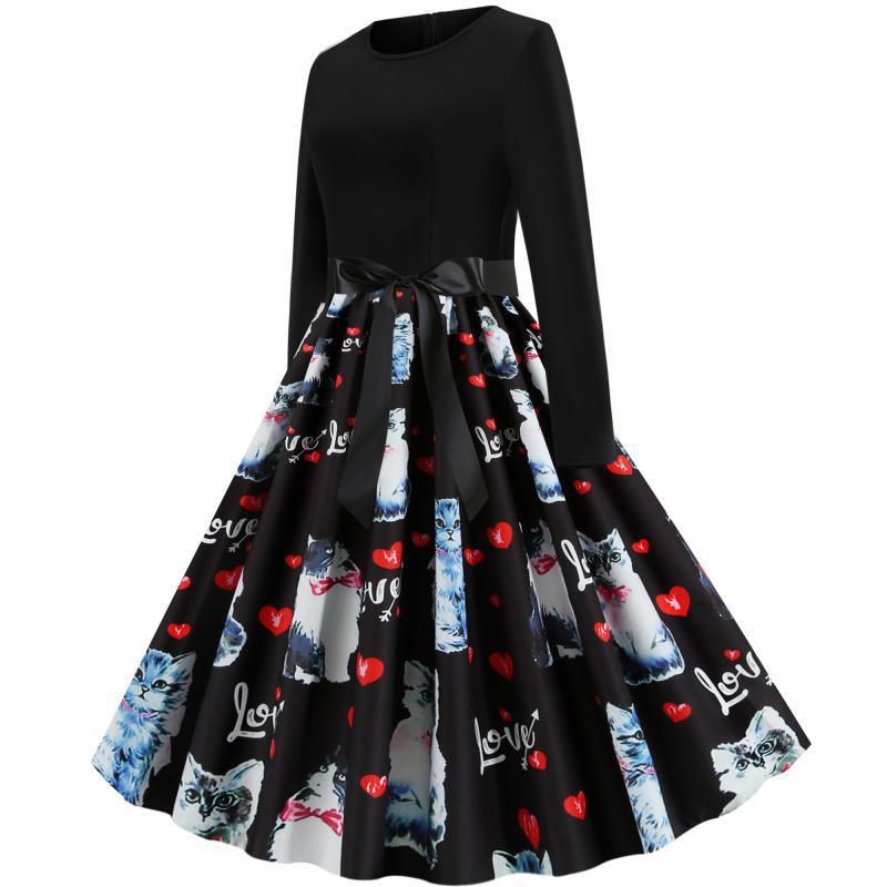 Damen Tailliertes Vintage-Swingkleid mit Satin-Taillenschleife, Langarm-Oberteil und printetem Tellerrock Drune