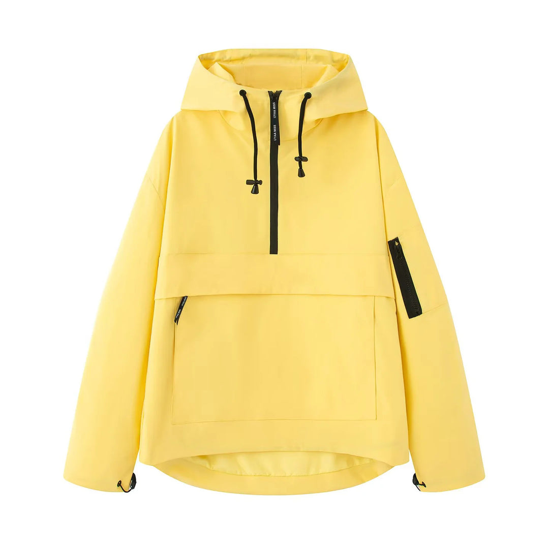 Damen nan winddichte Anorak-Pulloverjacke mit Kapuze, halbem Reißverschluss und großer Kängurutasche Drune