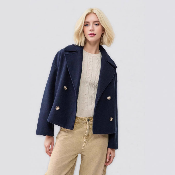 Damen Kurzer Doppelreihiger Wollmix-Mantel mit Oversize-Revers Drune