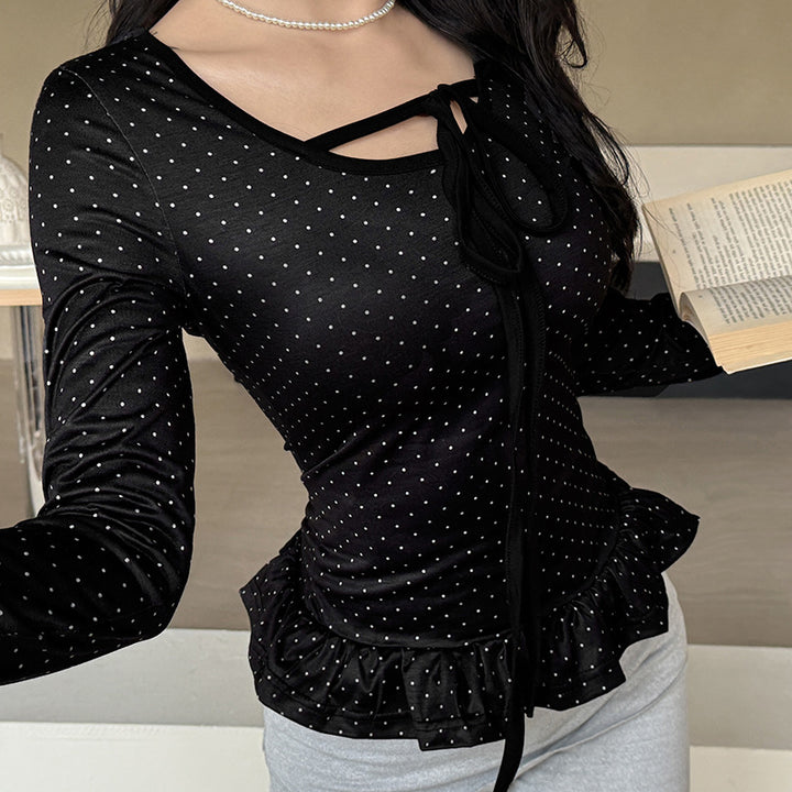 Damen nan tailliertes Longsleeve mit Rüschensaum, Tunnelzug und feinem Punktmuster Drune