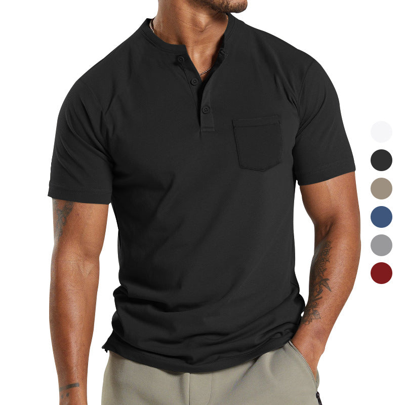 Herren nan atmungsaktives Baumwoll-Elasthan Kurzarm-Henley mit Brusttasche Drune