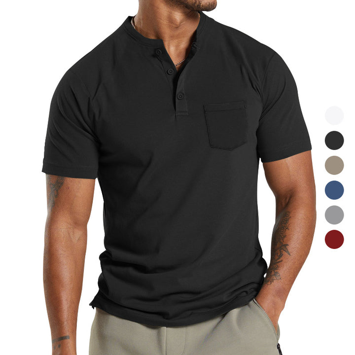 Herren nan atmungsaktives Baumwoll-Elasthan Kurzarm-Henley mit Brusttasche Drune