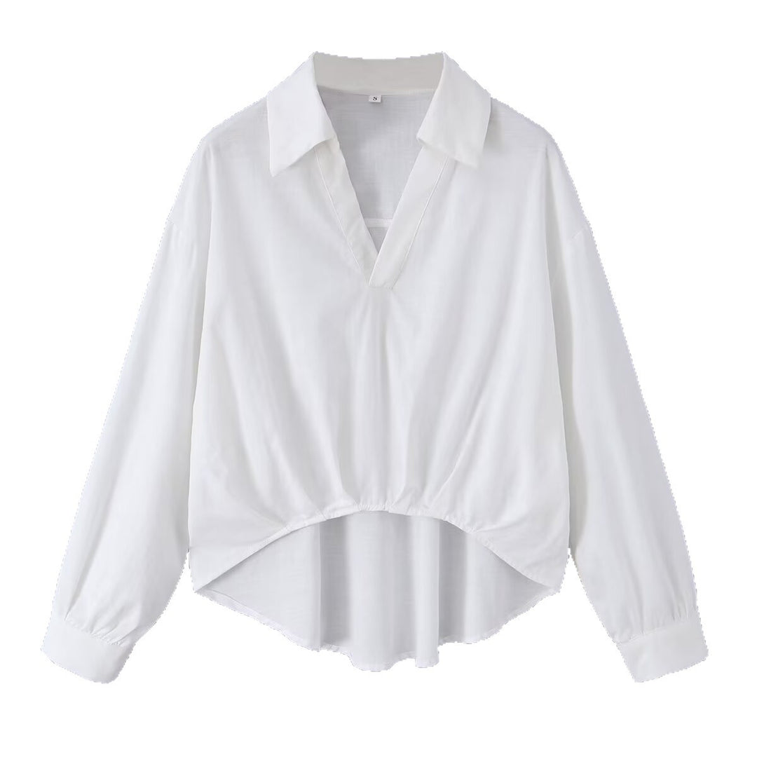 Damen Weite Bluse mit V‑Ausschnitt, Hemdkragen und gerafftem Hoch-Tief-Saum Drune