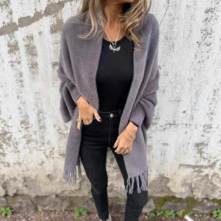 Damen nan langer kuscheliger Fransen-Cardigan mit Schalkragen und Oversize-Passform Drune
