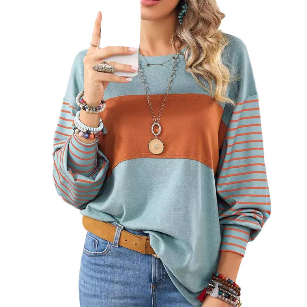 Damen lässiger Sweatshirt mit gestreiften Ärmeln Drune