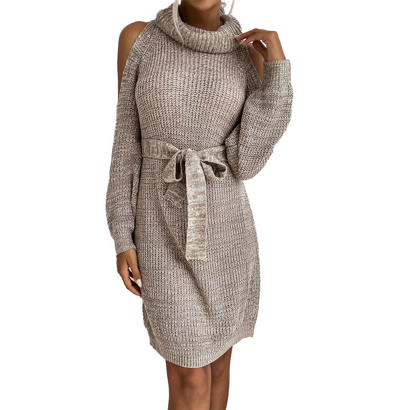 Damen Schulterfreies Rollkragen-Strickkleid mit Taillengürtel Drune