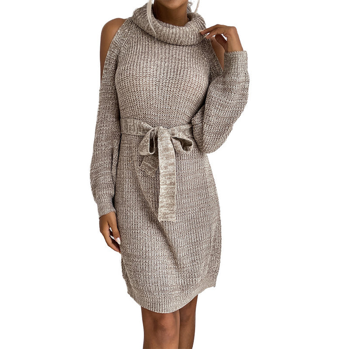 Damen Schulterfreies Rollkragen-Strickkleid mit Taillengürtel Drune