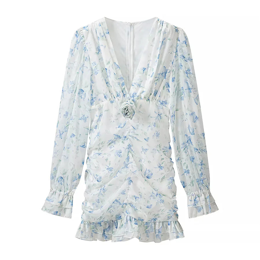 Damen nan gerafftes Chiffon Minikleid mit tiefem V-Ausschnitt Rüschen und Rosenapplikation Drune