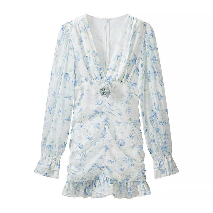 Damen nan gerafftes Chiffon Minikleid mit tiefem V-Ausschnitt Rüschen und Rosenapplikation Drune