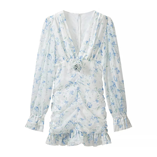 Damen nan gerafftes Chiffon Minikleid mit tiefem V-Ausschnitt Rüschen und Rosenapplikation Drune