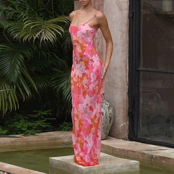 Damen Elegantes Floral-Maxikleid mit zarten Spaghettiträgern und fließendem Schnitt Drune