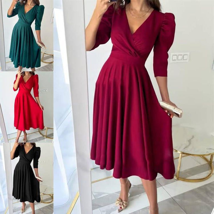 Damen Festliches A-Linien Kleid mit Puffärmeln und V-Ausschnitt Drune