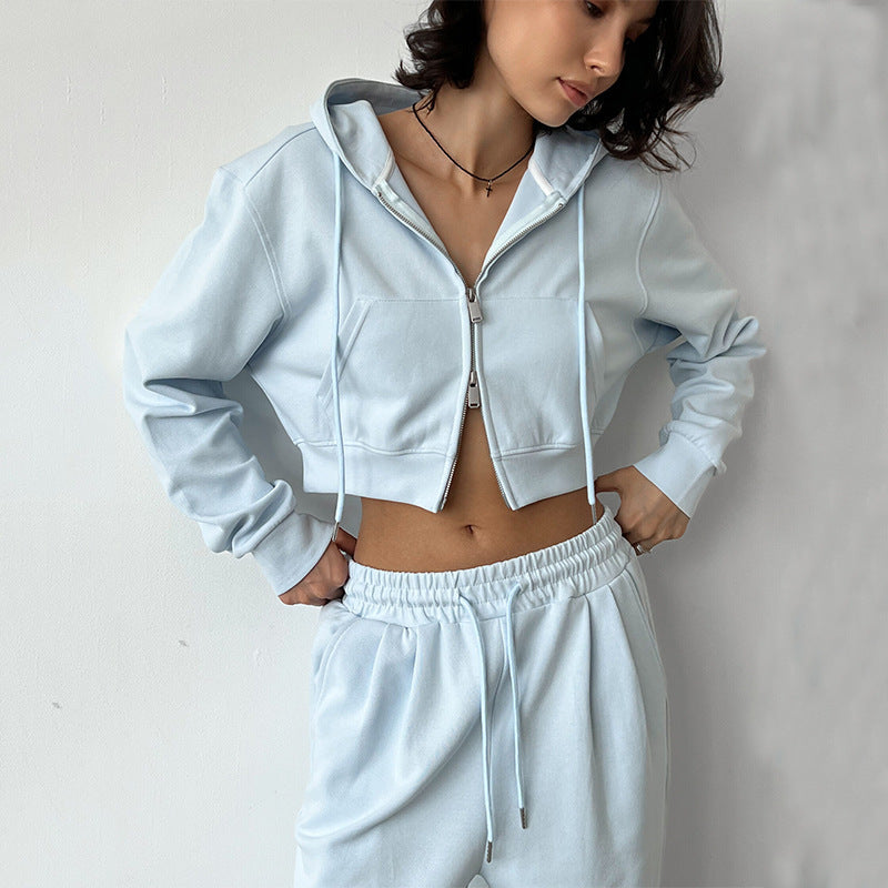 Damen kurzes Zip-Kapuzenjacken- und High-Waist Wide-Leg Jogginghose Set aus weichem French Terry Drune