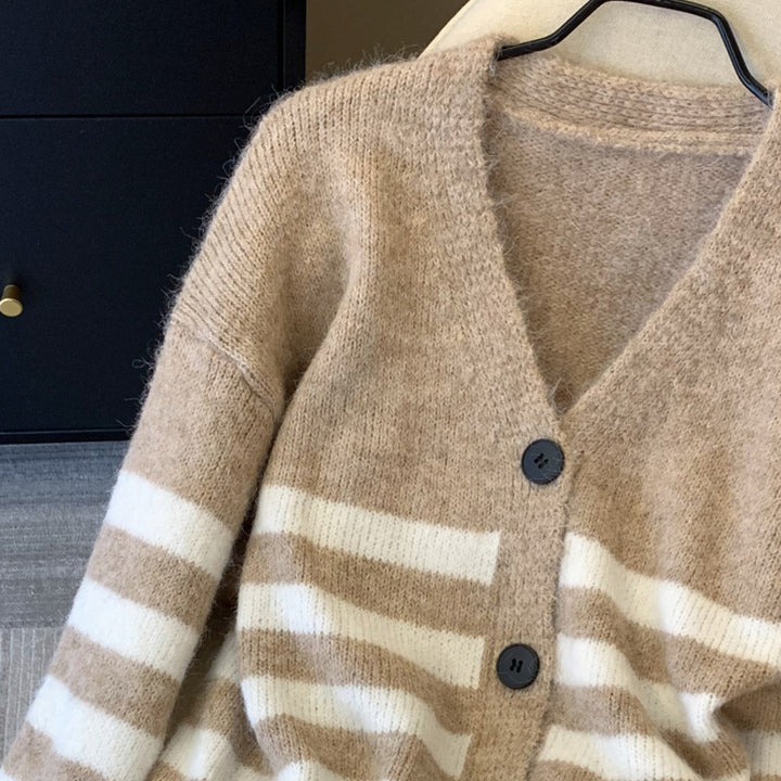 Damen Gemütlicher Strickcardigan mit V-Ausschnitt und Streifen Drune