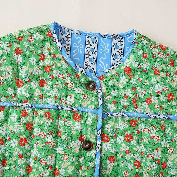 Damen nan gesteppte Blumenjacke mit Rundhalsausschnitt, kontrastpaspel und aufgesetzten Taschen Drune
