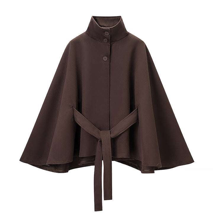 Damen Kurzer Cape-Mantel mit Stehkragen, verdeckter Knopfleiste und Bindegürtel Drune