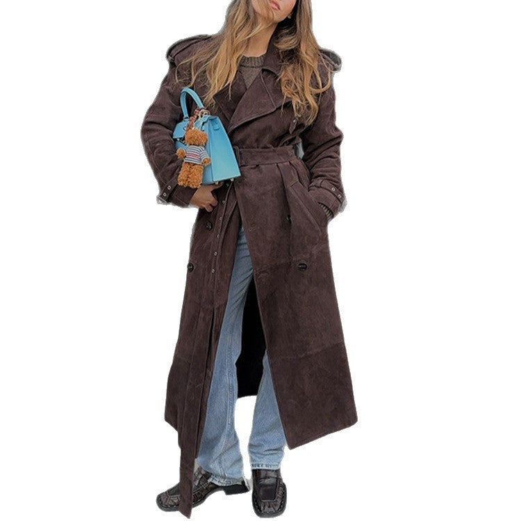 Damen Langer Trenchcoat aus weichem Wildlederimitat mit modischen Details Drune