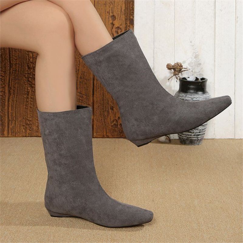 Damen halbhohe Veloursleder-Stiefel mit spitzer Zehenform und flacher Keilsohle Drune