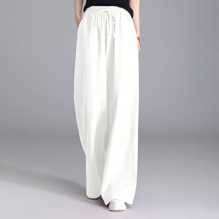 Damen nan weite Palazzo Leinenhose mit elastischem Kordelbund und Seitentaschen Drune